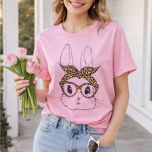 Pink Bunny Graphic T-Shirt Leopard Bandana Cute Rabbit 100% Cotton XL